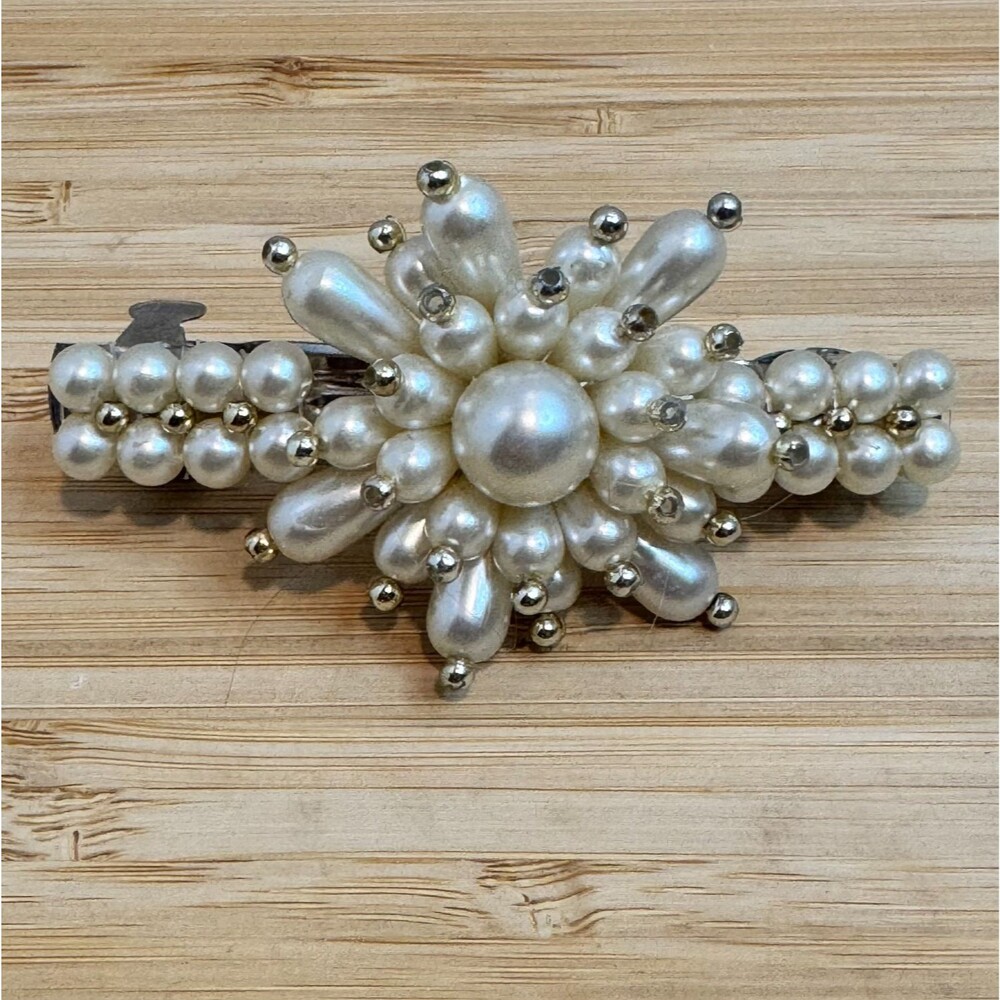 Pearl Flower Hair Barrette Clip White Faux Pearl Silver Tone Bridal Floral